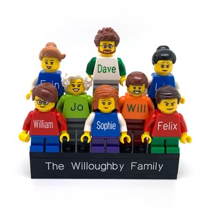 Family of Eight Personalised Mini figures on a Personalised Brick