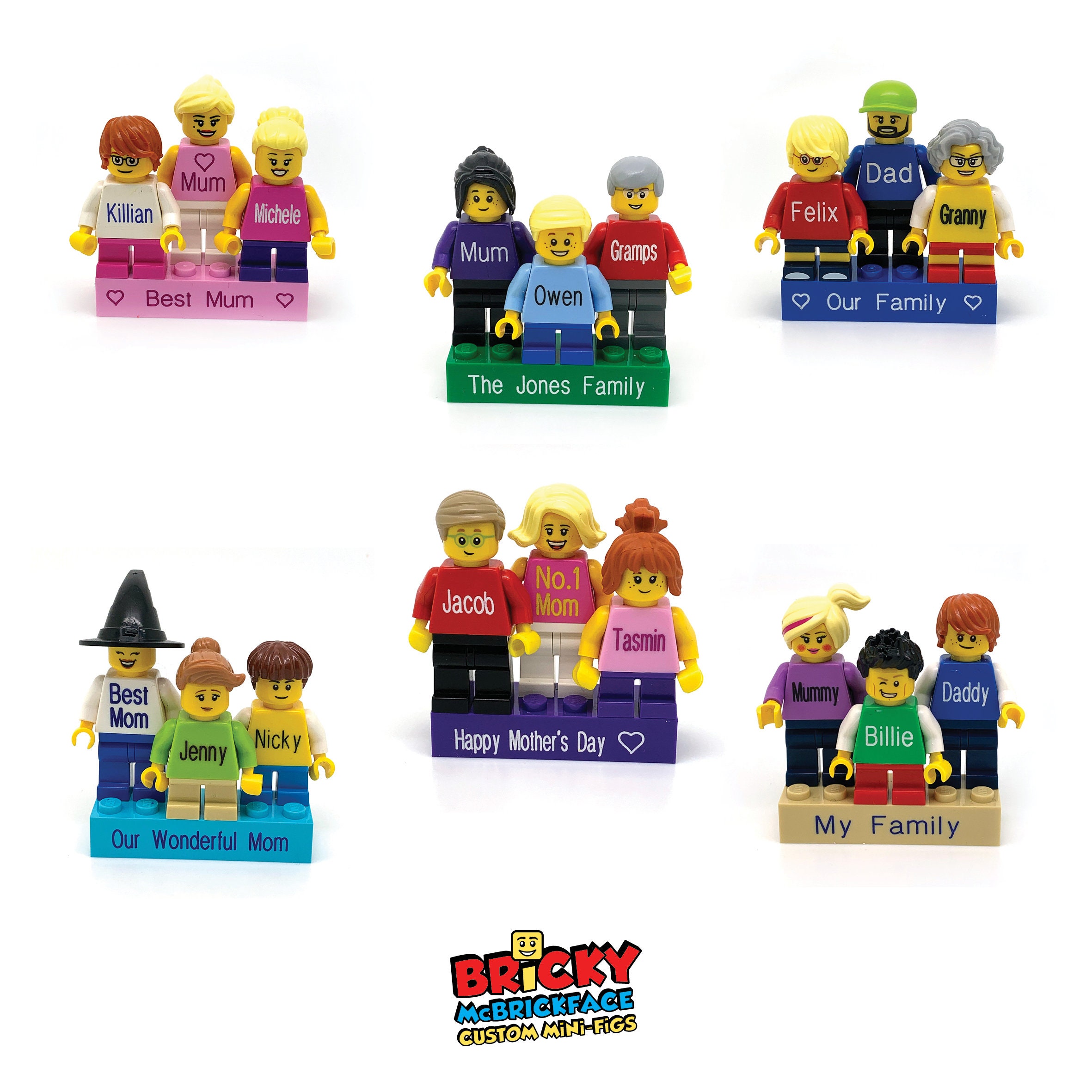 Three Personalised Mini-Figures on a Personalised Brick | Etsy
