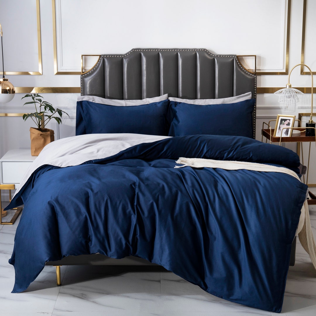 Reversible Pure Cotton Doona Cover Set Navy Grey Long Staple Etsy