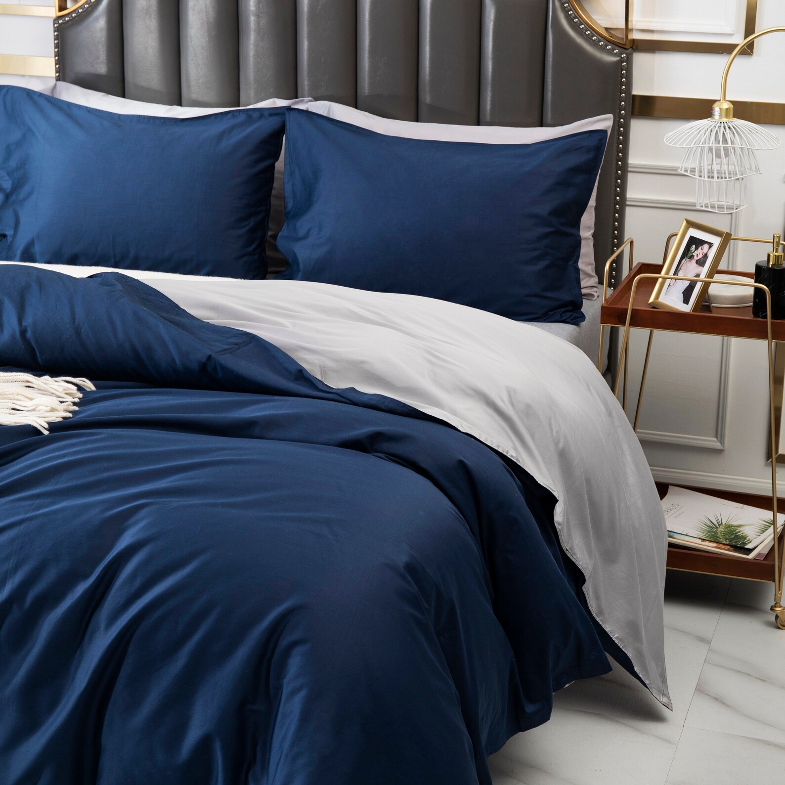 Reversible Pure Cotton Doona Cover Set Navy Grey Long Staple Cotton