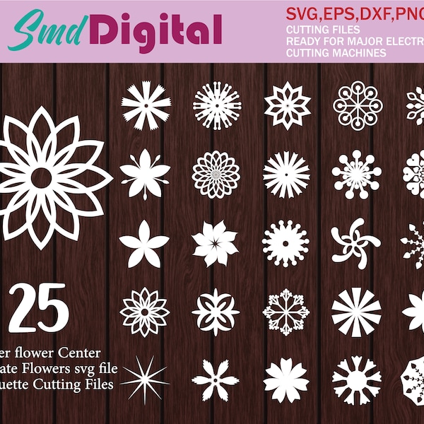 25 Flower Center SVG Template, Paper Flower Templates SVG, Flower Svg, Flower Silhouette, Wedding Decorations, Origami flower svg