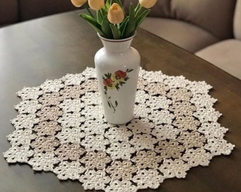 Flowers napkin, size 54 cm, handmade crochet, exquisite decor for your home, cotton threads, colors Milk and Beige