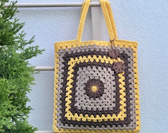 Sac shopper, Sac d’été, Sac de plage motif Granny squere, Sac au crochet sac shopping cordon en coton écologique