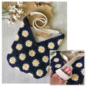 Kamillentasche, Hippie-Boho-Stil, Oma-Quadrat-Motiv, handgefertigt, Häkeltasche mit langem Henkel aus Baumwolle, Patchwork-Tasche natur. Auf Bestellung gefertigt!