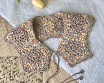 Gehaakte kraag, grootmoeders vierkant motief, handgemaakt gehaakt, tweed Boho hippie merkkleding modieus, vele kleuren Peter Pan kraag