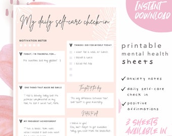 May include: Printable mental health worksheet with a pink and white floral design. The worksheet includes sections for daily self-care check-in, motivation meter, things I did for myself today, one thing that made me smile, my proudest achievement, thought of the day, notes to self, and a date field. The text "Instant Download" appears in the upper right corner. The text "3 Sheets Available in 4 Colors" appears in the lower right corner.