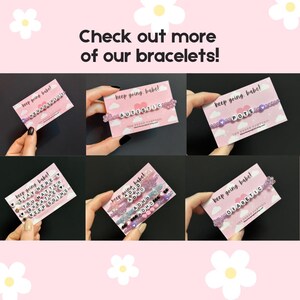 May include: A collection of colorful beaded bracelets with different messages, including "Neurospicy", "Autistic", "POTS", "Stay Here You Matter Breathe Keep Going", "ADHD", and "Diabetic". Each bracelet is displayed on a white card with the message "Keep going babe!"