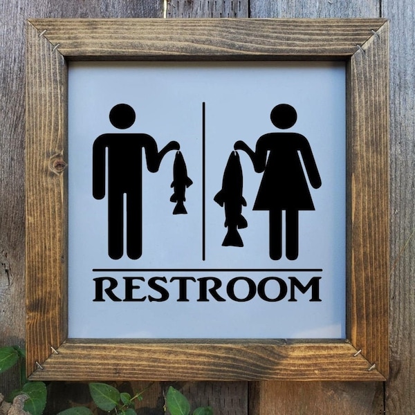 Girls catch bigger Trout Bathroom Sign. Trout fish Bathroom Sign.