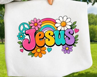 Retro-Groovy-Jesus-PNG, christliches Regenbogenblumen-Glaubens-Sublimationsdesign (Digitaler Download)