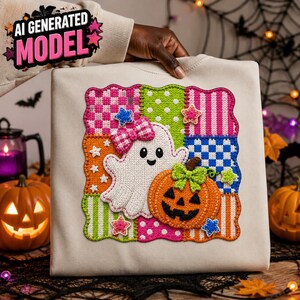 Knitted Ghost Pumpkin PNG, Faux Crochet Halloween Sublimation Design, Patchwork Ghost T-Shirt Graphic