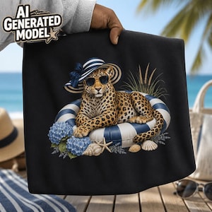 Coastal Leopard PNG, Nautical Beach Shirt Design, Navy Blue Summer Preppy (Digital Download)