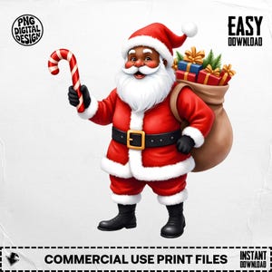Black Santa PNG,  African American Santa Clipart, Candy Cane Png, Christmas Png, Digital Download, Afro Santa, Santa Illustration