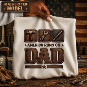 Puede incluir: Una camiseta color crema con un gráfico de tres cuadrados de textura de cuero marrón que contienen un martillo, una llave inglesa y un destornillador. Debajo de las herramientas, el texto AMERICA RUNS ON DAD en letras marrones grandes.