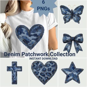 Denim Patchwork PNG Bundle, Coquette Bow, Butterfly, Cross, Star Clipart (Digital Download)