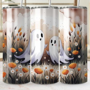 Cute Ghost Tumbler Wrap, Spooky Season 20oz Skinny Tumbler Sublimation Design, Ghostly Flowers Tumbler Wrap PNG, Halloween Design