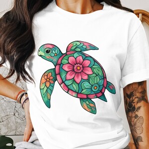 Floral Sea Turtle Digital PNG, Floral Turtle, Transparent Instant Download, Ocean Art, Turtle Clipart, Turtle Illustration