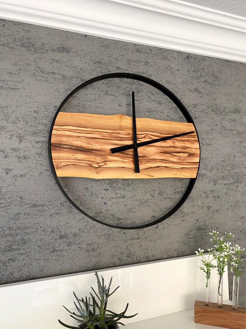 Modern olive wood wall clock image 1