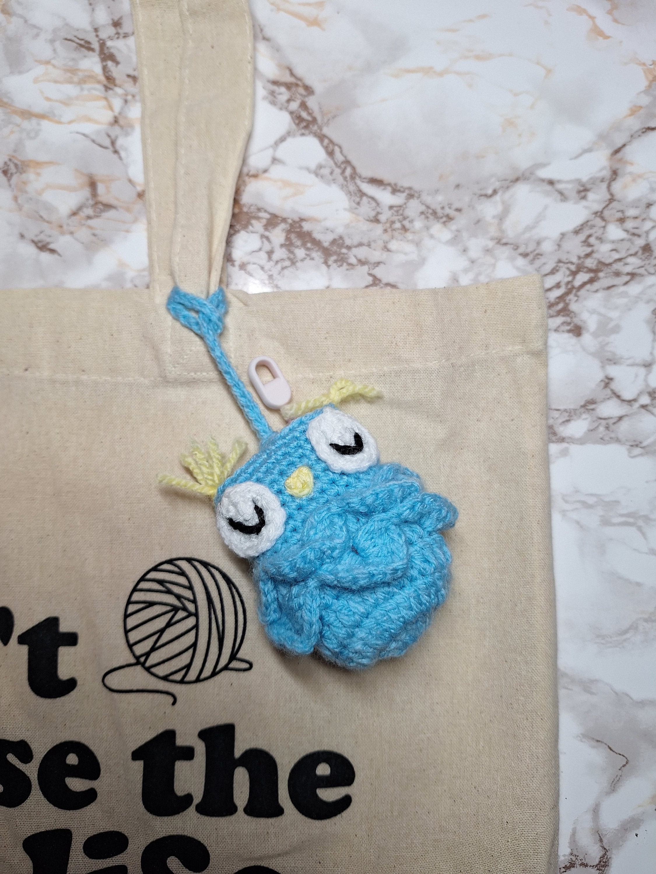 Handmade Crochet Blue Owl Bag Charm/ Wireless headphone Case