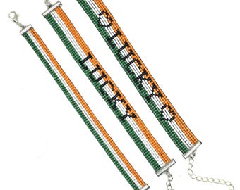 Pulseras ajustables de cuentas en telar - Día de San Patricio - Patrón de rombos verdes {Cuentas Miyuki Delica}