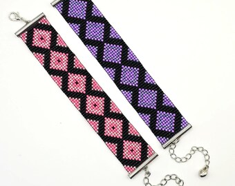 Pulseras ajustables de cuentas en telar - Patrón geométrico de rombos {Cuentas Miyuki Delica}