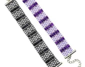 Adjustable Loom Beaded Bracelets - Unique Black and Purple Patterns {Miyuki Beads & Austrian Glass Crystals}