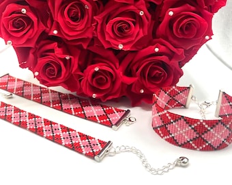 Pulseras ajustables de cuentas en telar - Patrón de rombos para San Valentín (Cuentas Miyuki Delica)