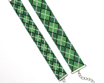 Pulseras ajustables de cuentas en telar - Verde Día de San Patricio - Patrón de rombos {Cuentas Miyuki Delica}