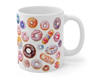 Donut Pattern Mug | Doughnut Mug | Unique 11oz Mug | Bakery Sweet Cake Mug | Gift for Baker Dessert Lover | Kawaii Design | Cottagecore Mug