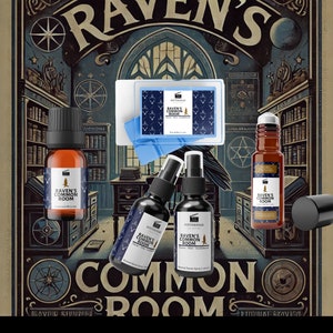 May include: An assortment of Raven's Common Room products, including fragrance oil, room sprays, and wax melts. The products are displayed against a backdrop with the text "Raven's Common Room" and a vintage library theme.