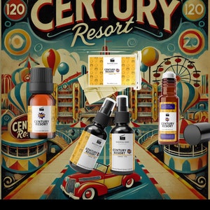 May include: A set of four products from the Magical Ears Collection, featuring the Century Resort logo and a lemon-tea scent. The set includes a bar of soap, a roll-on essential oil, and two scented room sprays. The products are displayed on a vintage-style background with a red car and a Ferris wheel.