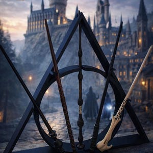 May include: A display of wizard wands, featuring a black stand with a triangle and circle design. The wands are various colors, including brown and black, with intricate details. The background shows a castle and a flying owl.