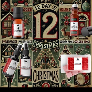 Puede incluir: Una variedad de productos con temática navideña, que incluyen aceite perfumado, ambientador en aerosol y ceras perfumadas, con el texto "12 Days of Christmas". Los productos se muestran sobre un fondo de estilo vintage con ilustraciones festivas.
