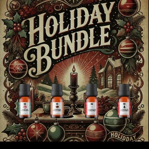 May include: A set of four 10 ml essential oil bottles with festive holiday scents. The bottles are labelled "Home for the Holidays", "Pumpkin Spice Vibes", "Candycane Christmas", and "12 Days of Christmas". The bottles are arranged on a table with a lit candle in the centre. The background is a vintage holiday illustration with a house, trees, and baubles.