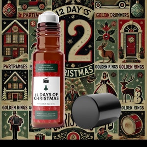 May include: A brown glass bottle with a black roll-on top. The bottle is labeled "12 Days of Christmas" and has a red and green Christmas tree design. The bottle is surrounded by a vintage-style illustration of the 12 Days of Christmas.