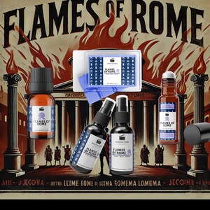 Peut inclure: Un ensemble de cinq produits portant l'inscription "Flames of Rome" sur chacun. Les produits comprennent un flacon en verre brun avec un applicateur à bille, un flacon en verre brun avec une buse de pulvérisation, un flacon en verre brun avec un compte-gouttes, une barre de savon et une barre de savon bleue. Les produits sont disposés sur un fond d'affiche vintage avec le texte "Flames of Rome".