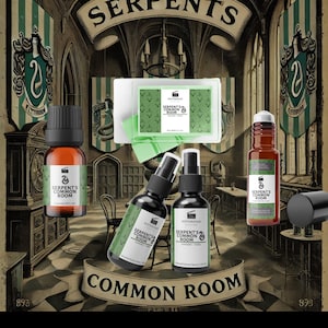 May include: A set of four products themed around the "Serpent's Common Room" from the Harry Potter universe. The set includes a green bar of soap, a brown glass bottle of essential oil, a brown glass roll-on bottle of essential oil, and two brown glass spray bottles of room spray. All products feature the same label with the text "Serpent's Common Room" and a green snake logo.