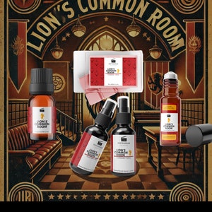 May include: A selection of "Lion's Common Room" themed products, including fragrance oil, room spray, and wax melts. The products are set against a vintage-style illustration with the text "Lion's Common Room".