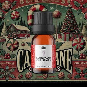 May include: A small brown glass bottle with a black cap and a red label that says "Candycane Christmas" and "Fragrance Oil | 5 mL". The label features a candy cane, a gingerbread house, and a stocking. The bottle is set against a vintage Christmas-themed background with candy canes, baubles, and a Christmas tree.