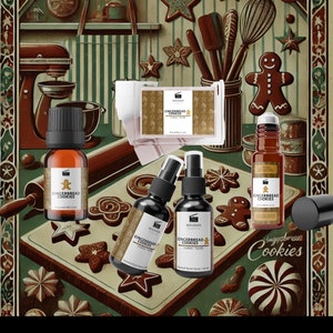 May include: A collection of gingerbread cookie scented products, including a candle, essential oil, room spray, and roll-on oil. The products are displayed on a vintage-style baking surface with gingerbread cookies and a gingerbread man.
