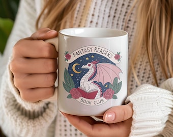 Taza de dragón del club de lectura de fantasía / Regalo para amantes de la fantasía / Regalo para amantes de la lectura / Ilustración de dragón lector / Regalo para ratones de biblioteca