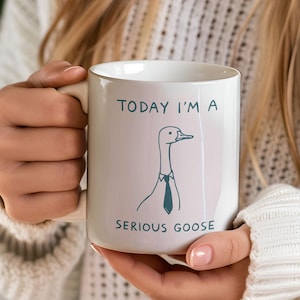 Pode incluir: Caneca de cerâmica branca com fundo rosa e texto preto que diz "Today I'm a Serious Goose". Um desenho animado de um ganso com gravata é ilustrado na caneca.