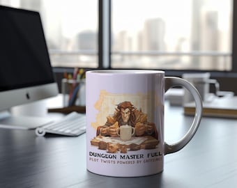 May include: White ceramic mug featuring a fantasy illustration of a character with the text "DUNGEON MASTER FUEL PLOT TWISTS POWERED BY CAFFEINE!". The mug has a white handle and is set on a dark surface.
