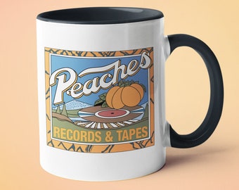 Tienda de discos de vinilo Peaches Records and Tapes. Taza de los 80 y 90.