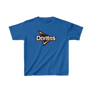 May include: A royal blue t-shirt with a white and orange Doritos logo. The logo is a triangle with a flame design.