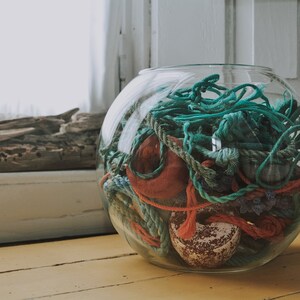Large Glass Bowl Centerpiece, Nautical Decor, Upcycled Nautical, Rustic Decor, Coastal Decor, Beach House Decor, Marine Debris