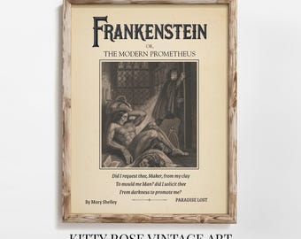 Frankenstein Kunstdruck, Mary Shelley Gothic Wand-Dekor, Dark Academia digitaler Download