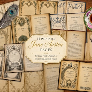 Könnte beinhalten: Eine Sammlung von 14 druckbaren Jane Austen-Seiten mit Vintage-Kapiteln und passenden Tagebuchseiten mit verzierten Rändern, einer Pfauenfeder, einer Teetasse mit floraler Untertasse und einer Metallschere auf einer dunklen Holzoberfläche.