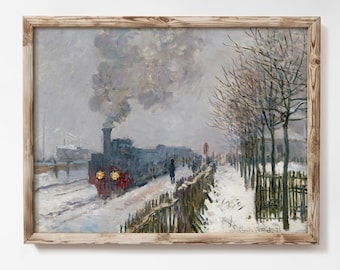 美品  油絵  汽車  雪 雪の中の列車 モネ ギャラリー ウォール アート プリント ヴィンテージ