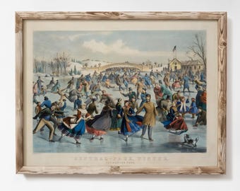 May include: Framed vintage print depicting a winter scene of ice skating in Central Park. The artwork features numerous figures on the ice, a bridge, and buildings in the background. The print is in a wooden frame, with the text "KITTY ROSE VINTAGE ART" below.