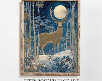Winter Moon Reindeer, Christmas Printable Holiday Wall Art, Instant Digital Download